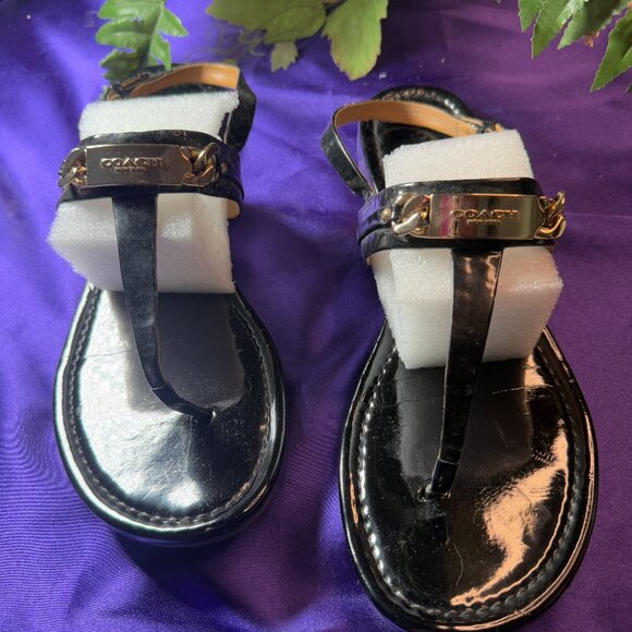 πCoach Caterine Black Leather Flat Slingback Thong Sandals Chainlink Logo 9.5B - Picture 13 of 14